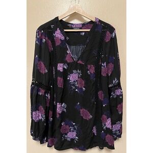 Torrid Purple Floral Lace Trim Tunic Top Long Balloon Sleeves V-Neck Womens Sz 2